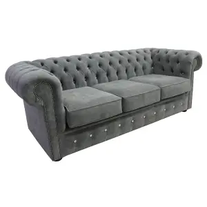 Chesterfield Crystal 3 Seater Sofa Keira Pewter Grey Fabric In Classic Style