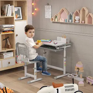 HOMCOM Kids Desk and Chair Set w/ Drawer, Pen Slot Hook - Grey