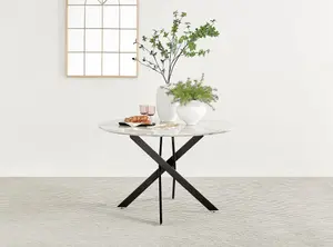 Furniturebox UK Novara White Marble Black Leg 120cm Round Dining Table & 4 Grey Velvet Milan Black Leg Chairs