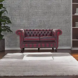 Chesterfield 2 Seater Antique Oxblood Red Leather Sofa Settee In Classic Style