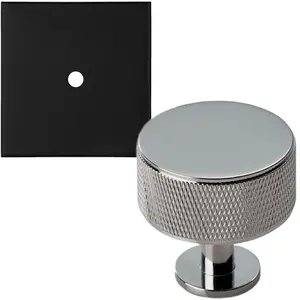 Cabinet Door Knob & Contrasting Backplate Set - Knurled Kitchen Pull - Polished Chrome & Black