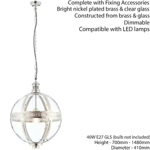 Hanging Ceiling Pendant Light Nickel & Clear Glass Vintage Lamp Bulb Orb Shade