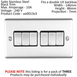 3 PACK 6 Gang Metal Multi Light Switch SATIN STEEL 2 Way 10A Black Trim