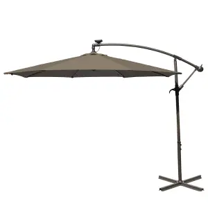 SunDaze 3M Taupe LED Garden Patio Cantilever Banana Hanging Umbrella, Parasol Base & Weather Protective Cover