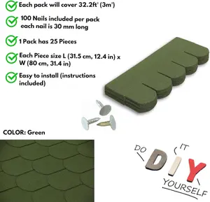 Premium Asphalt Roof Shingles 25 Pcs - Green Fish Scales Roofing Felt 3 sqm- 31.5 x 12.4 Weatherproof, Heavy-Duty Roofing Material