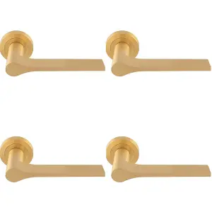 4 PACK - Contemporary Flat Door Handle Set - Satin Brass Sleek Lever on Round Rose