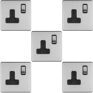 5 PACK 1 Gang DP 13A Switched UK Plug Socket SCREWLESS SATIN STEEL Wall Power