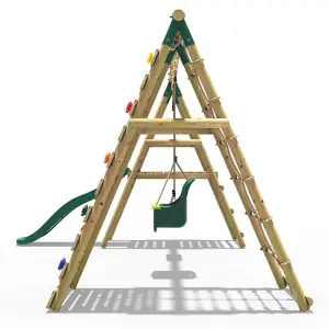 Rebo Wooden Swing Set with Deck and Slide plus Up and Over Climbing Wall - Moonstone Green