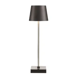 Battery or USB Operated Table Lamp - Modern Portable Cordless LED Light with Black Shade & Base & Silver Stand - H36 x 10.5cm