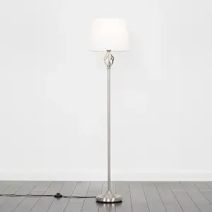 ValueLights Memphis Traditional Style Satin Nickel Barley Twist Floor Lamp with White Tapered Light Shade