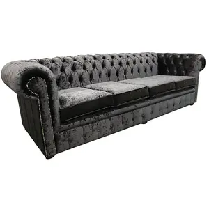 Chesterfield 4 Seater Sofa Settee Senso Ebony Black Velvet Fabric In Classic Style