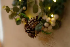 Hanging Pre-Lit Wreath with Pinecones & Sage