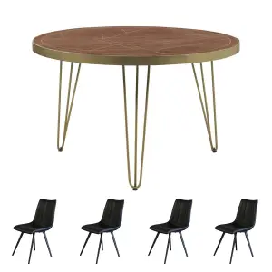 Dallas Dark Mango Solid Wooden Round Dining Table 4 Seats Set With 4 Chairs