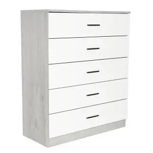 URBNLIVING Height 90.5cm 5 Drawer Wooden Bedroom Chest Cabinet Modern Ash Grey Carcass and White Drawers Wide Storage Cupboard