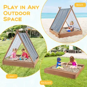 Costway Outdoor Kids Sandbox 124 x 123cm Wooden Cabana Sand Pit w/ 2 Seats & Cover