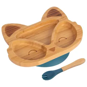 Bamboo Fox Baby Weaning Plate & Fork Set - Navy Blue