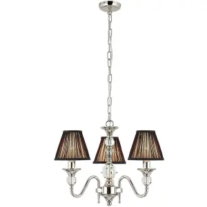 Diana Ceiling Pendant Chandelier Bright Nickel & Black Pleat Shade 3 Lamp Light