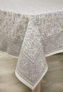 Grey Square Cotton Tablecloth - Machine Washable Indian Hand Printed Floral Design Table Cover - Measures 132 x 132cm