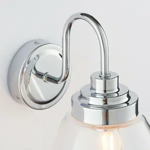 IP44 Bathroom Wall Light Chrome & Round Clear Glass Modern Curved Arm Oval Lamp