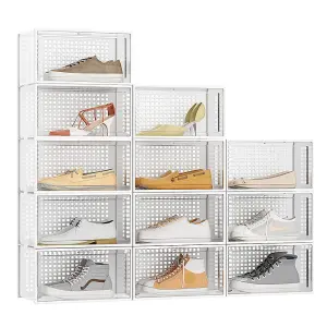 12 Pcs White Stackable Plastic Shoe Box Sneakers Storage Box Organiser, Fit Size up to 12