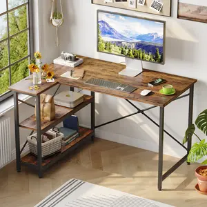 L-Shaped Desk (120 or 140cm x 90cm) Corner Desk with Adjustable Shelves by Aliff Rustic Brown / 74cm H x 120cm W x 90cm D