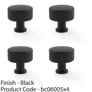 4 PACK - Round Reeded Door Knob - 35mm Diameter Matt Black Lined Cupboard Pull Handle