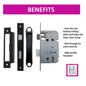 3 Lever Mortice Matt Black Sash Lock Key 2.5" 64mm Bolt Through Reversable Bathroom Handle Locks