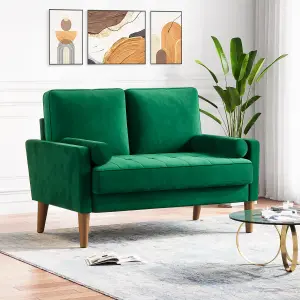 121CM Velvet Love Seat Green Couch with 2 Pillows