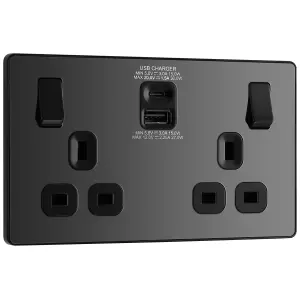 BG Evolve Black Chrome Double Switched 13A Power Socket + USB A+C 30W