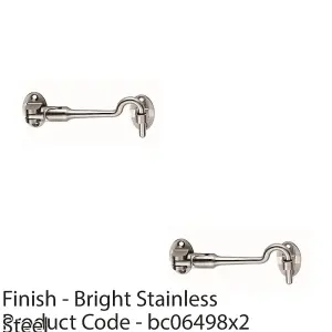 2 PACK - Silent Pattern Cabin Hook & Eye Bright Stainless Steel 100mm Arm Cabinet Hatch