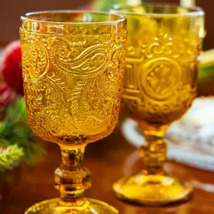 Set of 4 Vintage Luxury Yellow Embossed Drinking Goblet Wine Glasses 300ml