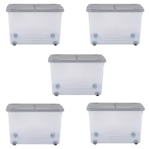 5 x Wham 44L Stackable Plastic Storage Box with Wheels & Folding Lid Clear/Cool Grey