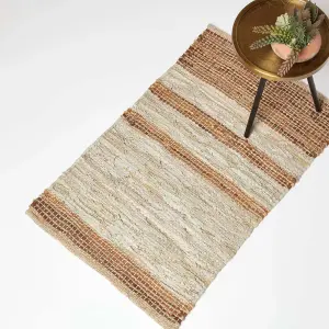 Homescapes Brown Recycled Leather Handwoven Stripe Rug, 60 x 90 cm