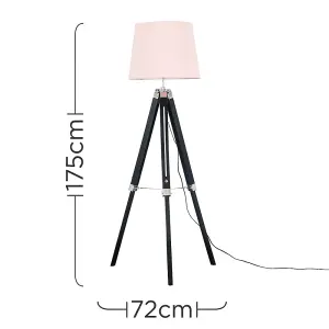 ValueLights Clipper Black Wood and Silver Chrome Tripod Floor Lamp with Pink Light Shade Complete with 6w LED GLS Bulb