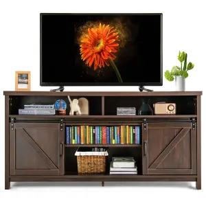 COSTWAY 150cm Sliding Barn Door TV Stand Farmhouse Flat Screen Console for TVs up to 65"