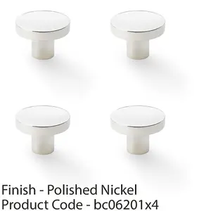 4 PACK - Slim Round Door Knob - Polished Nickel 38mm Modern Cupboard Cabinet Pull Handle