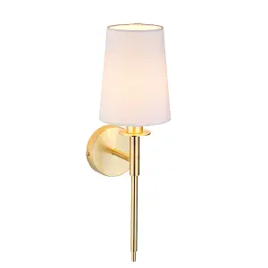 Satin Brass Plated Wall Light & White Cotton Shade - Modern Sconce Fitting