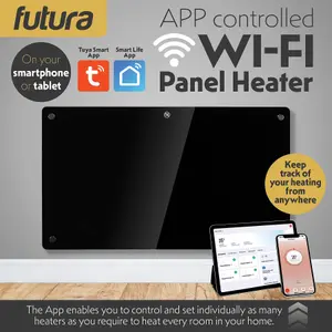 Futura Electric 1500W WIFI Glass Radiator Panel Heater Black Wall Mounted or Floor Standing Bathroom Safe, Timer and Thermostat