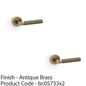 2 PACK - SOLID BRASS Reeded Door Handle Set - Antique Brass Angled Lever on Round Rose