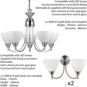 5 Lamp Ceiling & 2x Twin Wall Light Pack Satin Chrome Glass Matching Fittings