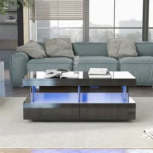 Coffee Table for Living Room, High Gloss Tea Table with 16-Color LED Lights, 2 Drawers and Open Storage Space,  Black