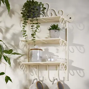 Vintage Style 3 Tier Bathroom Shelf Cream Wall Mounted Storage Unit with Hooks Multi-Purpose Ornate Scrolled Organiser Shelf