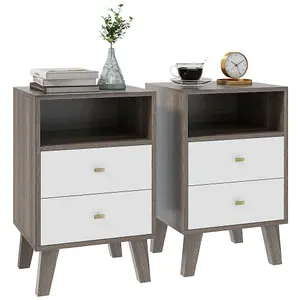 HOMCOM Bedside Tables Set of 2, Modern Nightstand with 2 Drawers and Open Cubby