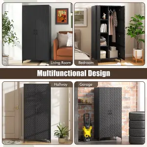 COSTWAY PE Rattan Wardrobe 157 cm Wicker Armoire Closet w/ Hanging Rod