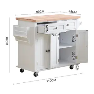 White Kitchen Island Cart Rolling Storage Trolley Cupboard with 2 Drawers 82cm (H)