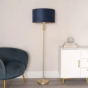 ValueLights Maggie Gold Candlestick Floor Lamp with Navy Blue Velvet with Gold Inner Lamp Shade and LED Bulb