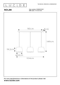 Lucide Nolan Classic Bar Pendant Light - 3xE27 - Black