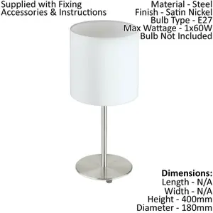 2 PACK Table Desk Lamp Colour Satin Nickel Steel Shade White Fabric E27 1x60W