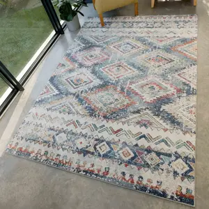 Red Blue Scandi Style Distressed Fireside Rug 190cm x280cm