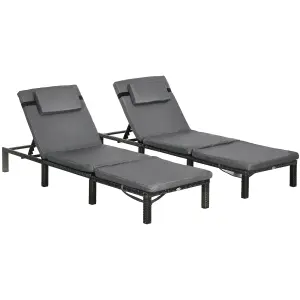 Rattan Sun Loungers Set of 2 w/ 5-Level Adjustable Backrest Headrest Dark Grey